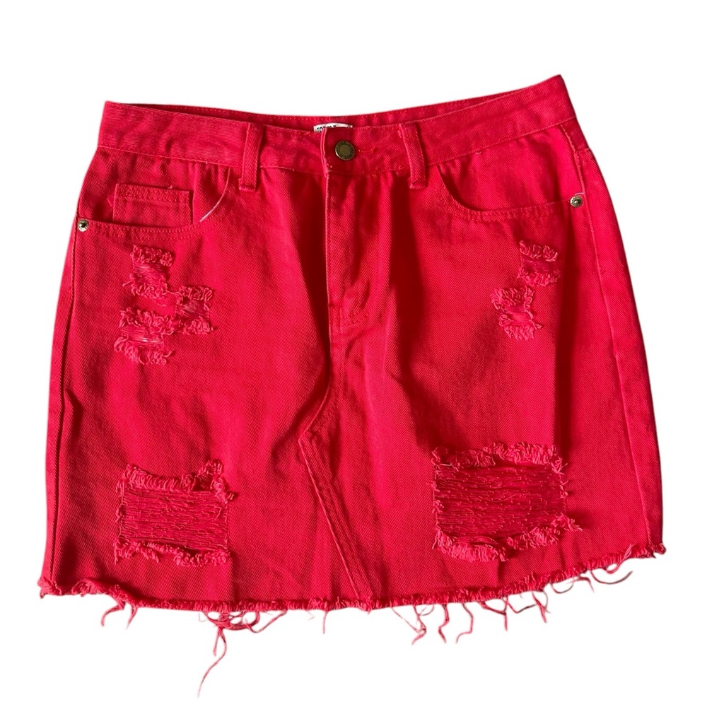 Top Trends Red Distressed Denim Mini Skirt